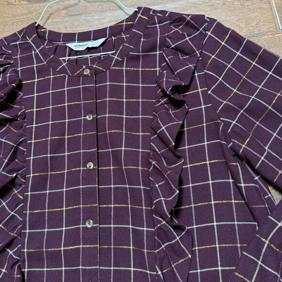 Sonoma Ruffled Flannel Top Womens S Maroon Plaid Button Up Shirt Blouse Small - Picture 6 of 9